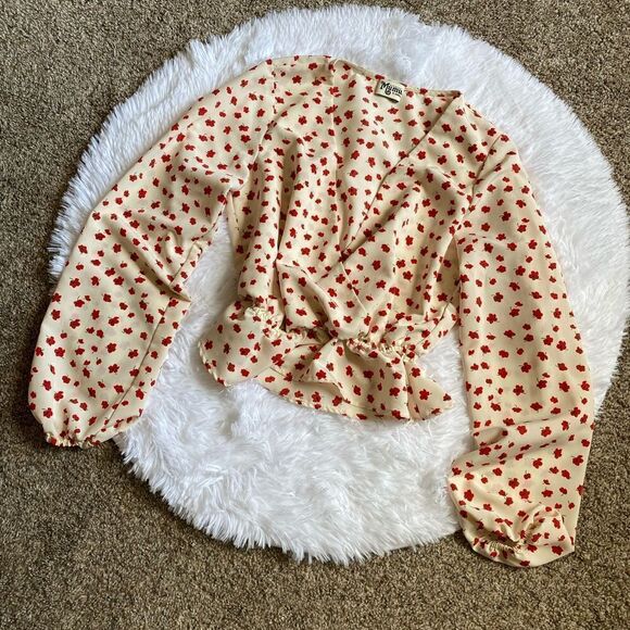 Show Me Your Mumu Floral Top Deep Plunge Front Cream Red Elastic Bottom Size XS - Picture 1 of 10